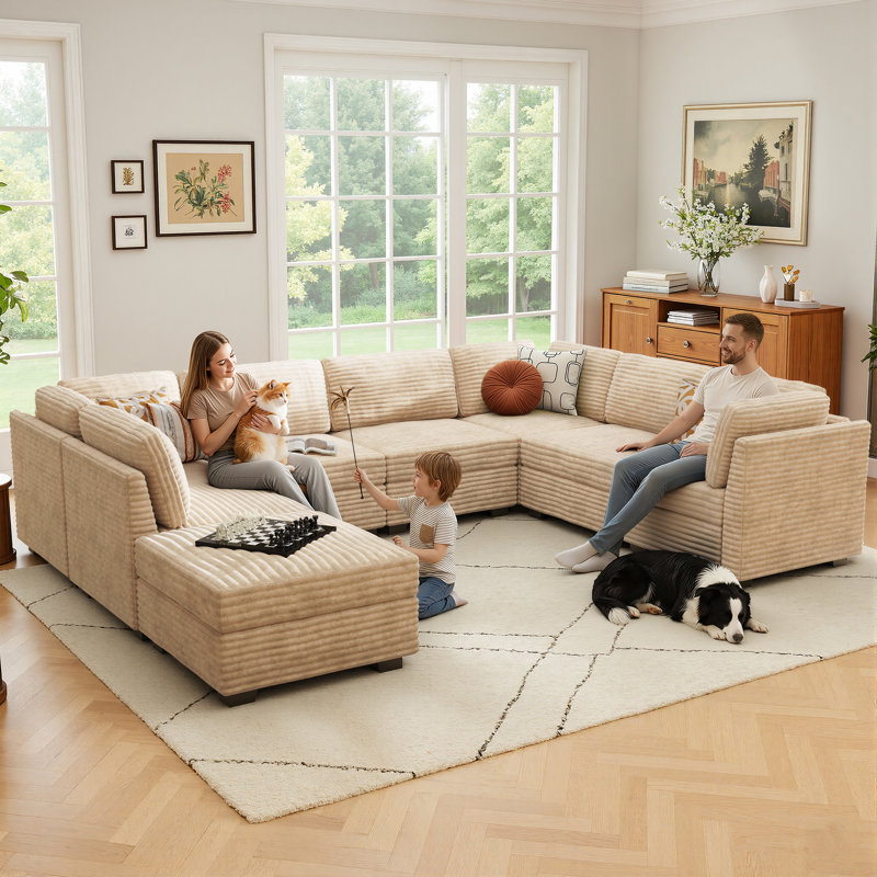 8-piece Plush Corduroy Modular Sectional Sofa With Ottoman, Comfy Deep Seat Cloud Couch, Upholstered Living Room Set