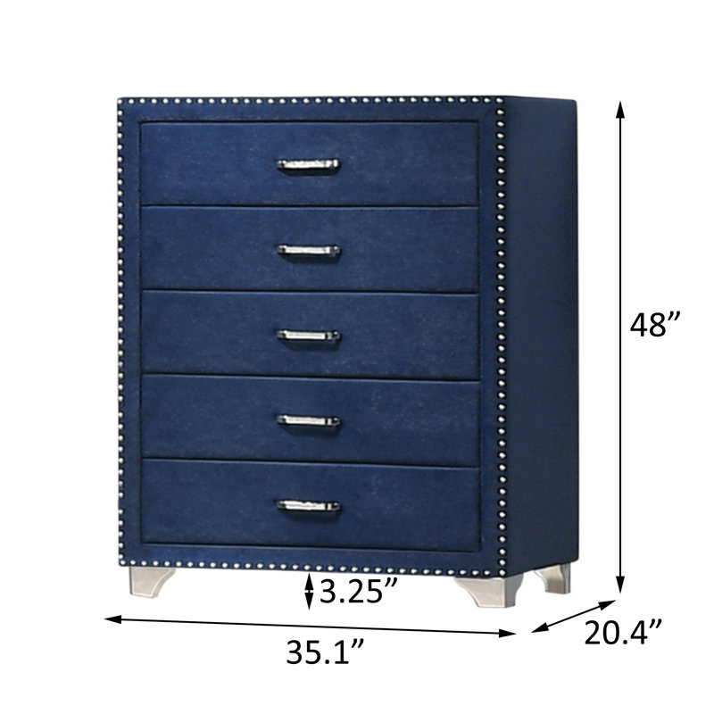 Lansdale Upholstered Sieigh Bedroom Set, Queen, Navy, Bed, Nightstand, Dresser, Dresser Mirror, Chest