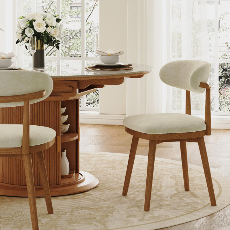 Mid-Century Modern Swivel Dining Chairs Set Of 2, Round Back Dining Chairs, Breakfast Table Chairs, Chairs For Wooden Table, Beige & Light Walnut