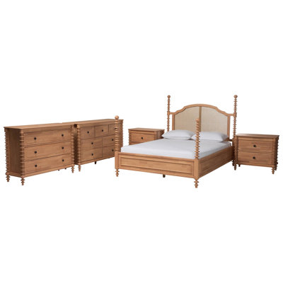 Ensemble de chambre à coucher Dametra 5 pièces avec tables de chevet à 2 tiroirs, format King, brun hêtre