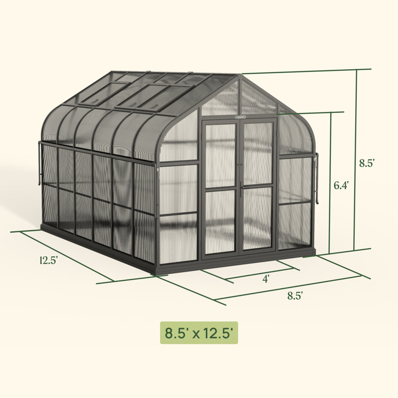 Pacific 8.5ft Wide Outdoor Metal Polycarbonate Greenhouse, 12.5'D