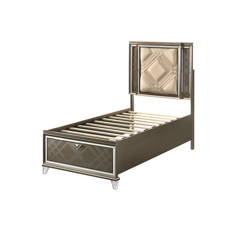 Champagne Faux Leather Full Bed with Storage and LED Lighting