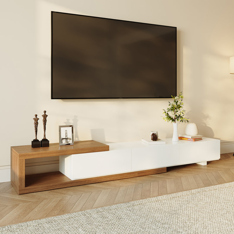 Tenita 70.86'' - 100'' Wood Extendable TV Stand, Wood Media Console, Pre-Assembly, White/Brown