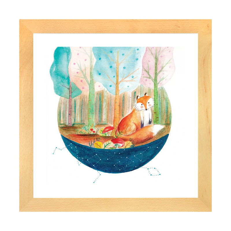 Renard et baleine I - impression, Blanc, H 16 po x l 16 po x p 1 po, Papier avec cadre beige