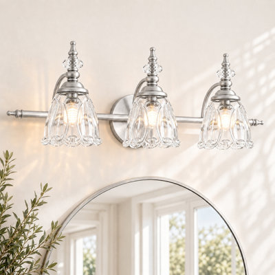 Brushed Nickel 3-Light Bathroom Vanity Light, Vintage Style Over Mirror Lighting With Flower Glass Shades, Farmhouse Wall Sconce For Hallway, Living Room, Bedroom