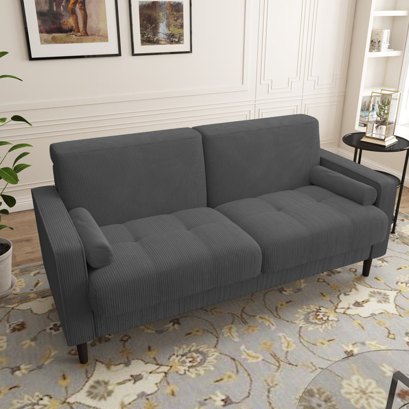 Causeuse à accoudoirs carrés 62,7 po Carmelinda, Velours côtelé gris