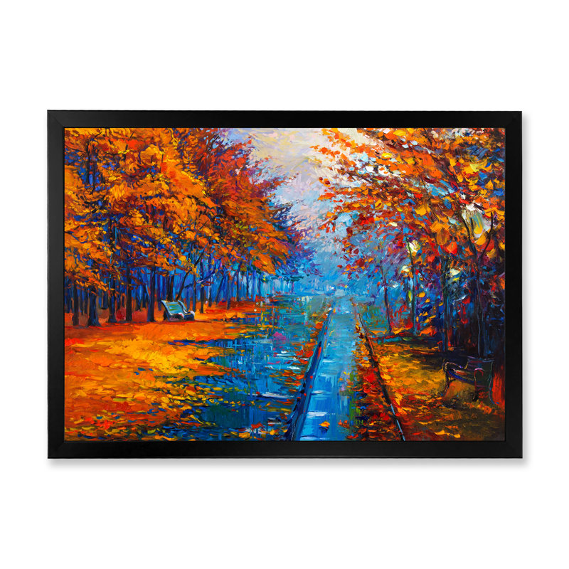 «Little Road Through Orange Autumn Landscape II», peinture sur toile, H 30 po x l 40 po x 1,5 po, Cadre photo noir