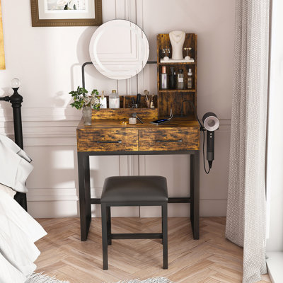 Makeup Vanity With LED Lights&3 Color And Power Outlet Makeup Vanity Table With 2 Big Drawers With Sturdy Metal Leg And Metal Chair ,Dressing Table For Bedroom