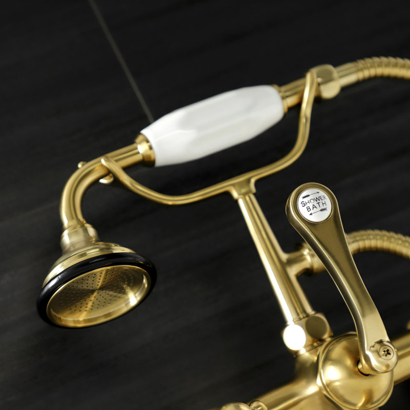 Kingston Brass Aqua Vintage Three-Handle 2-Hole Tub Wall Mount Clawfoot Tub Faucet with Hand Shower, Brushed Brass