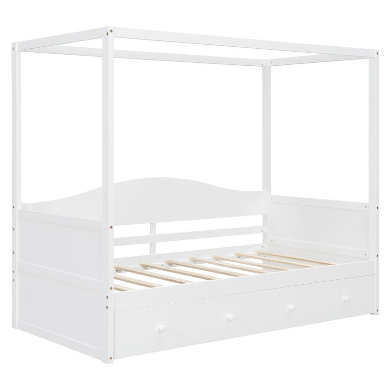 39“/78” Upholstered Daybed, Twin Size Canopy Day Bed With Twin Size Trundle For Guest Room, Bedroom, Living Room, White