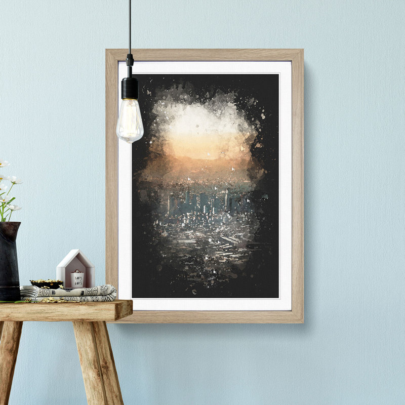 High Over The Los Angeles Skyline Paint Splash - Picture Frame Graphic Art, 45cm H x 33cm W x 2cm D, Oak Framed