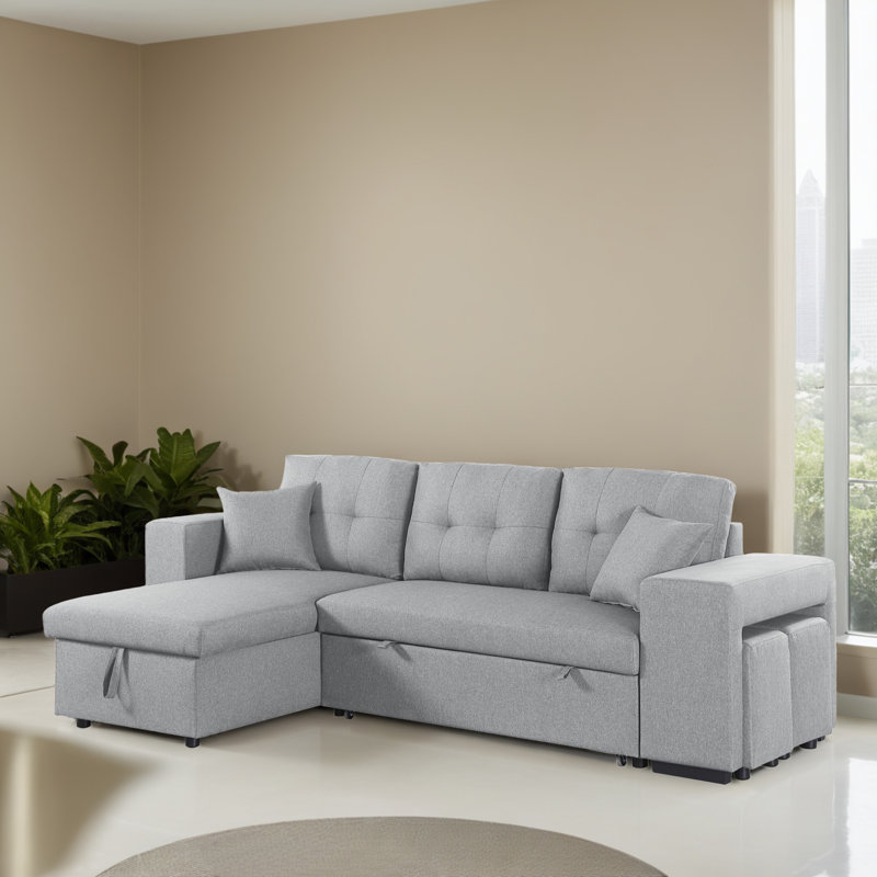 Upholstered 95.32 " Linen L-Shaped Sofa Bed with Ottoman, Light Gray Linen