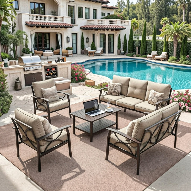 5-Piece Metal Patio Furniture Set, 7-Seat All-Weather Conversation Sofa With 4 Inches Thick Beige Cushions, Khaki Frame, Coffee Table For Porch Backyard Garden