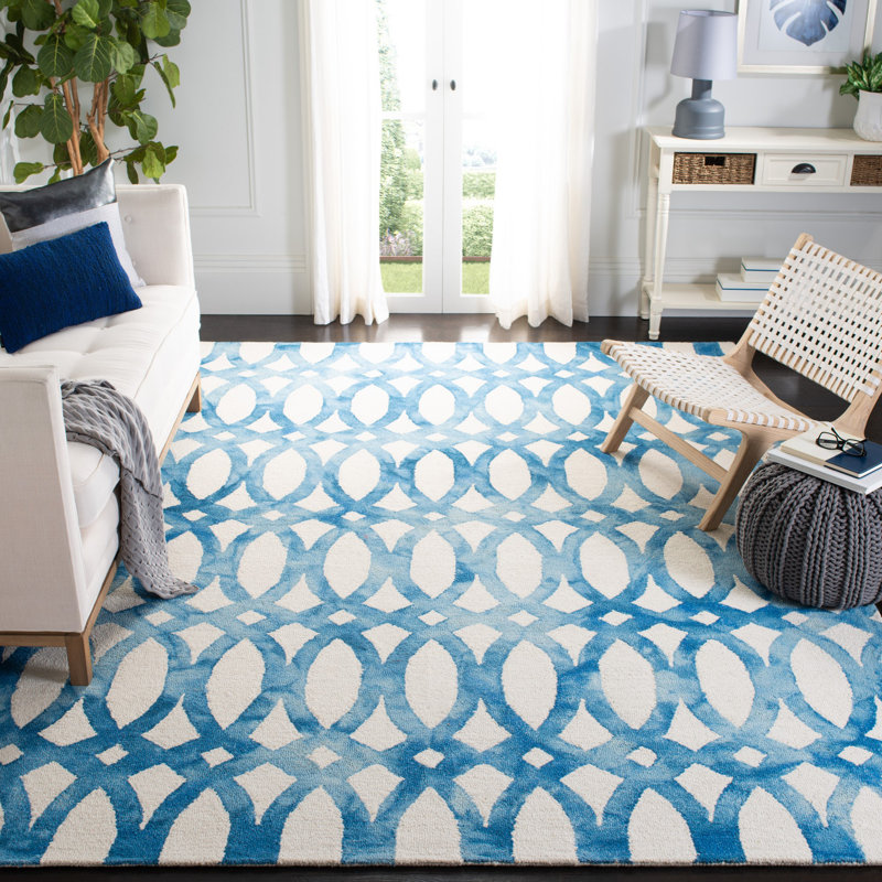 Amekia Hand Tufted Wool/Cotton Geometric Rug in Blue/Ivory, Rectangle 9' x 12'