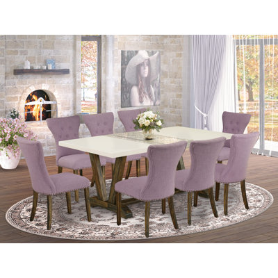 9 Piece Modern Dining Table Set Includes a Rectangle Dining Room Table with V-Legs and 8 Dahlia Linen Fabric Parsons Chairs,