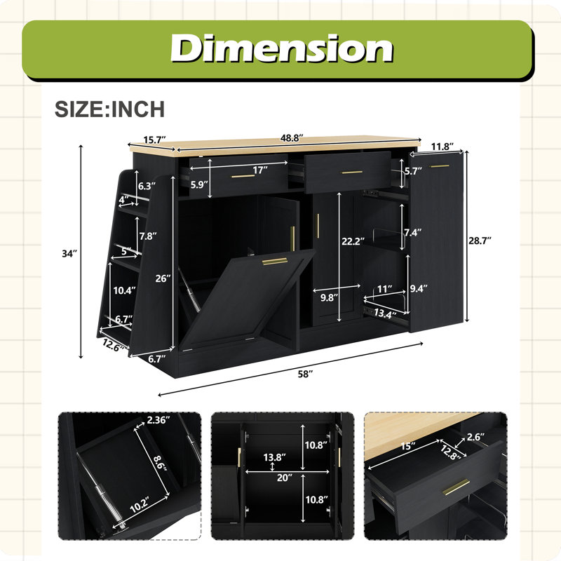 Buffet de rangement multifonctionnel, rangement pour poubelle, armoire à porte coulissante et support à épices à 3 niveaux