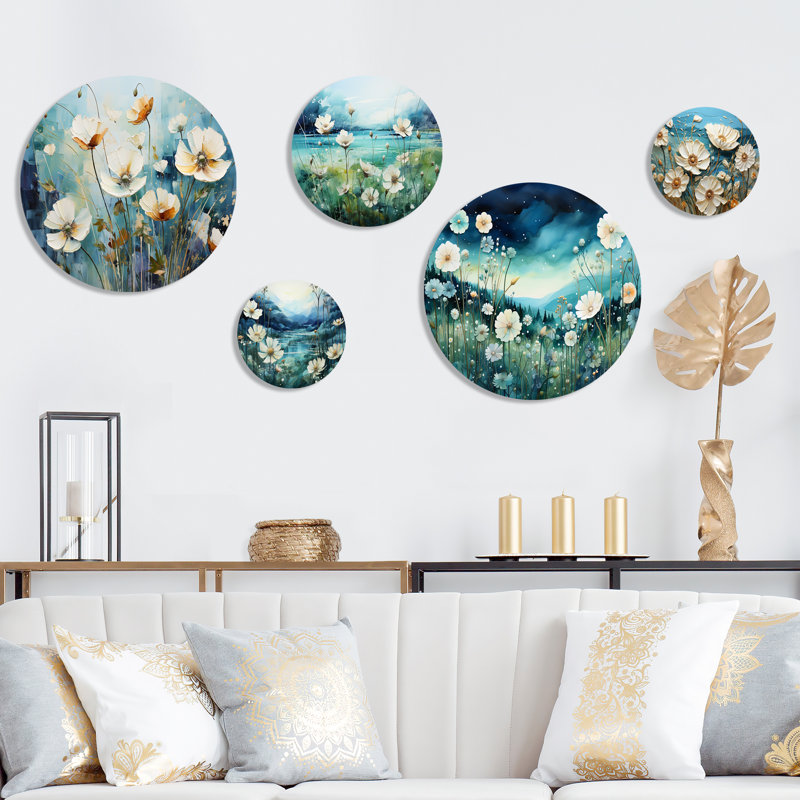 «Misty Flower Meadows» - ensemble d'art mural rond fleur de 5