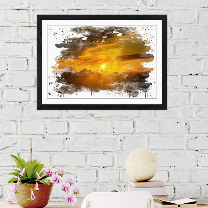 Landscape Sheep in the Sunset - Wall Art, 45cm H x 62cm W, Framed Picture