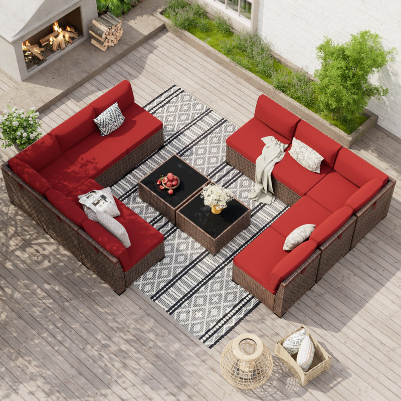 Treyshun Wicker 10 - Person Modular Patio Conversation Set with Cushions, Burgundy