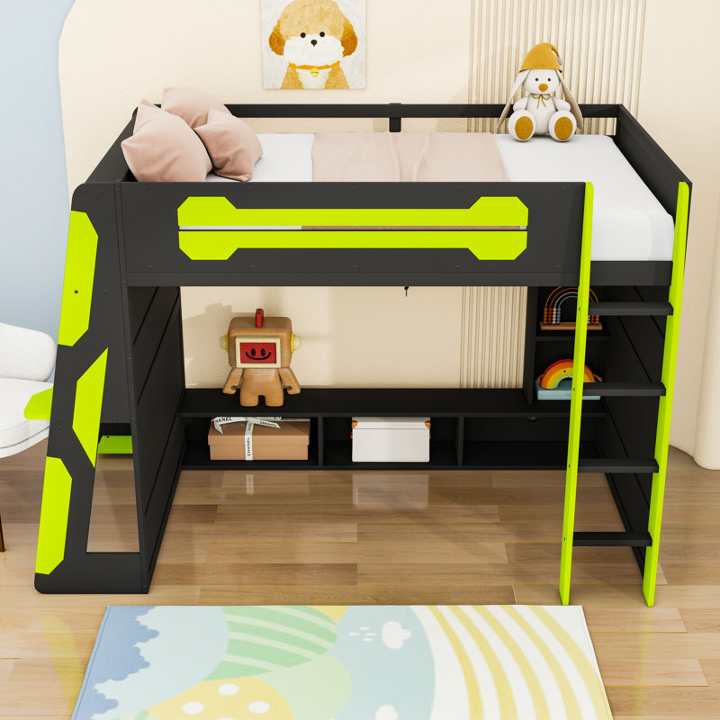 Lit mezzanine double en bois avec bande lumineuse, bureau intégré et tablettes, Noir/vert
