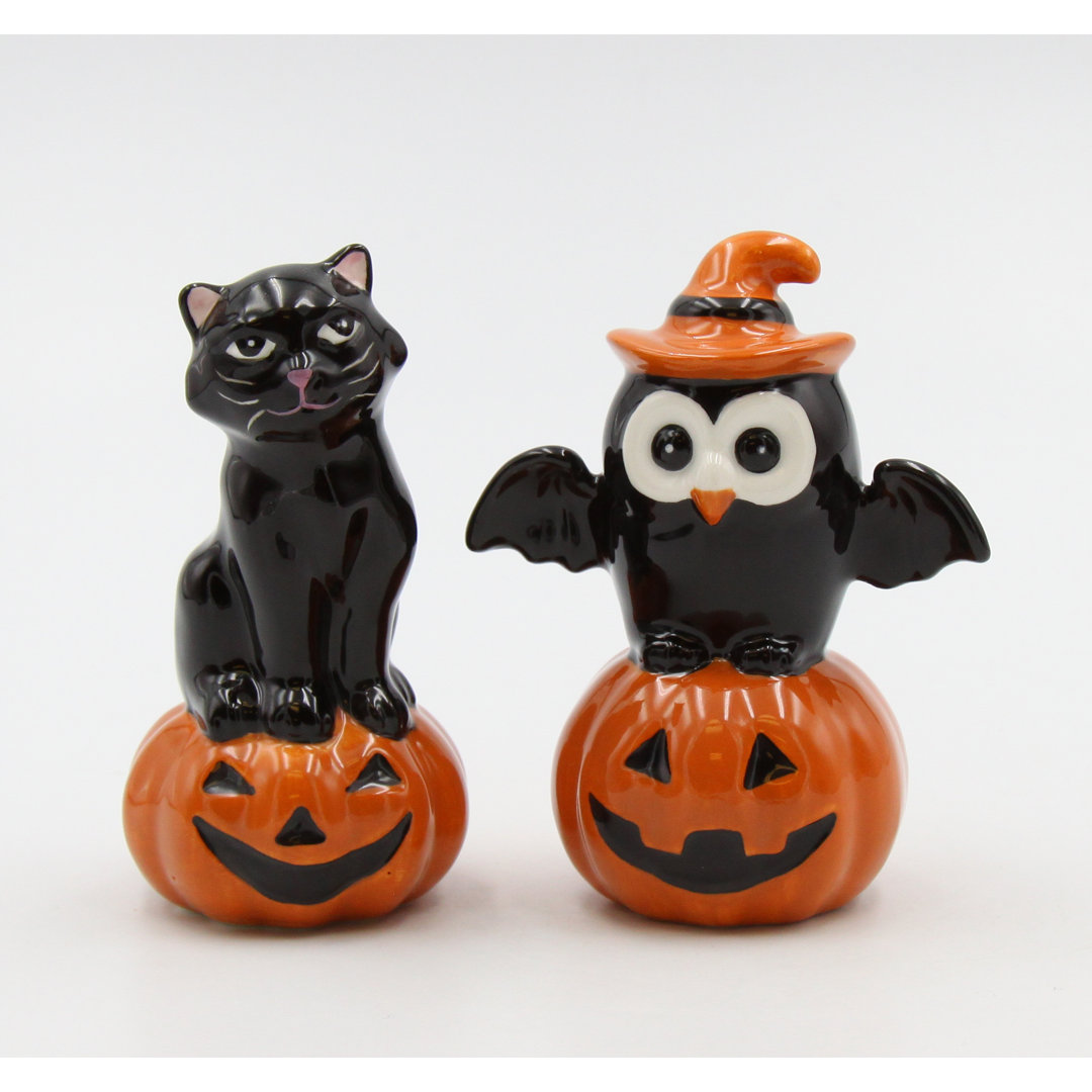 Cat and Owl on Pumpkin Salt and Pepper Shaker Set Cosmos Gifts
