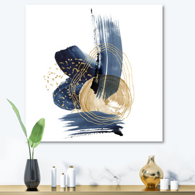 Paysage de montagnes bleu foncé et coups d'or II - peinture sur toile tendue