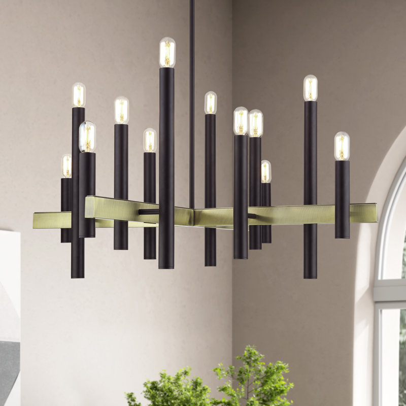 Grand lustre noir 8 lumières avec accents en nickel brossé, Bronze, 12
