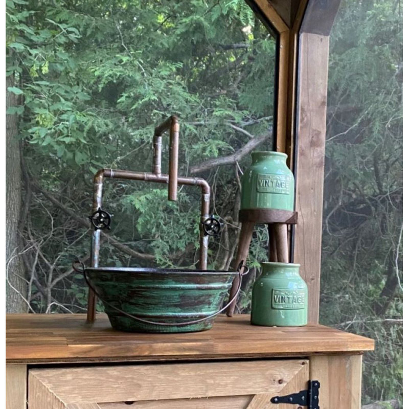 15" Copper Vessel Bucket Bathroom Sink with Decorative Handle, Aged Copper/Distressed Green