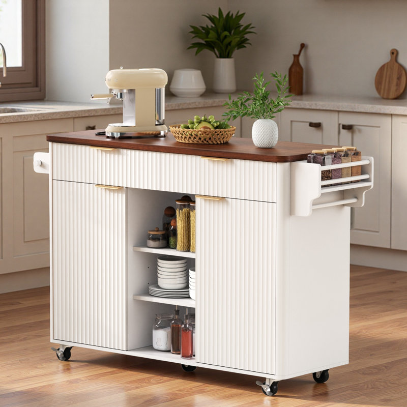 Îlot de cuisine cannelé avec rallonge, prise de courant, tablettes réglables, 2 portes et 2 tiroirs, Blanc