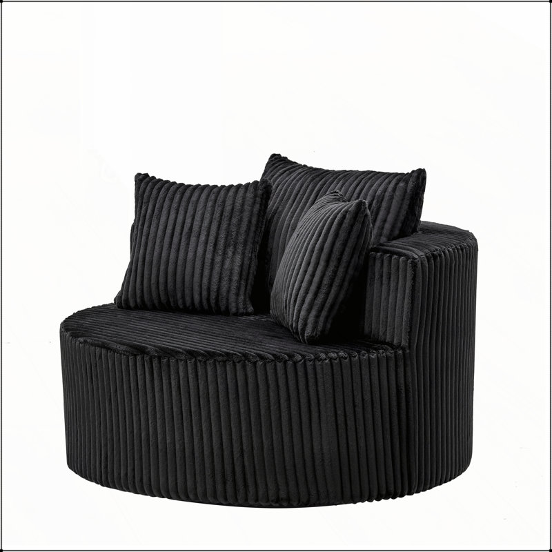 Oversized Round Swivel Accent Chair with Plush Upholstery and Matching Throw Pillows, Black Foam