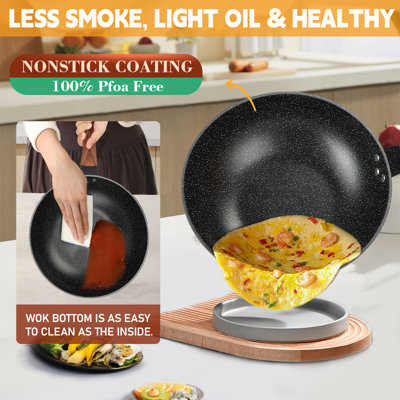 Wok antiadhésif de 13 po, woks et poêles à frire, wok antiadhésif avec couvercle et louche pour panier à vapeur, poêle à wok à induction 100% sans pfoa pour les cuisinières électriques, à gaz, halogènes et tous les poêles