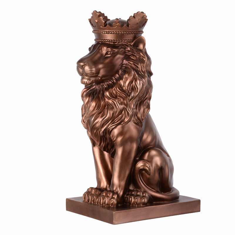 14.5" H Sitting Lion W/Crown Resin Statue Home Decor Living Room Display, Copper