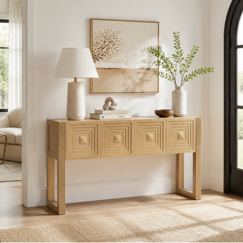 Light Brown Geometric Carved Entryway Table — Featuring Grooved Leg Details — Living Room, Hallway, And Foyer Storage Console