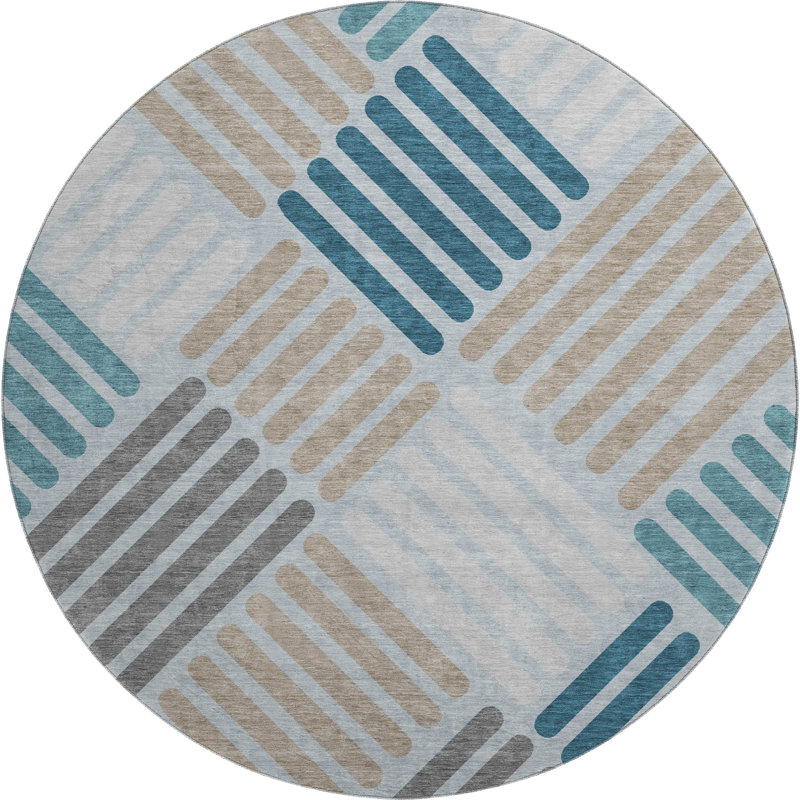 Premium Machine Washable Mayfield AMF2339 Geometric Rug, Teal, 8' Round