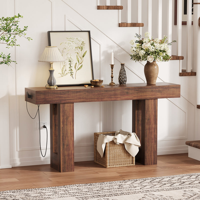 Console avec prise de courant, canapé extra long de 63 po avec port USB et type C pour entrée, brun, Brun