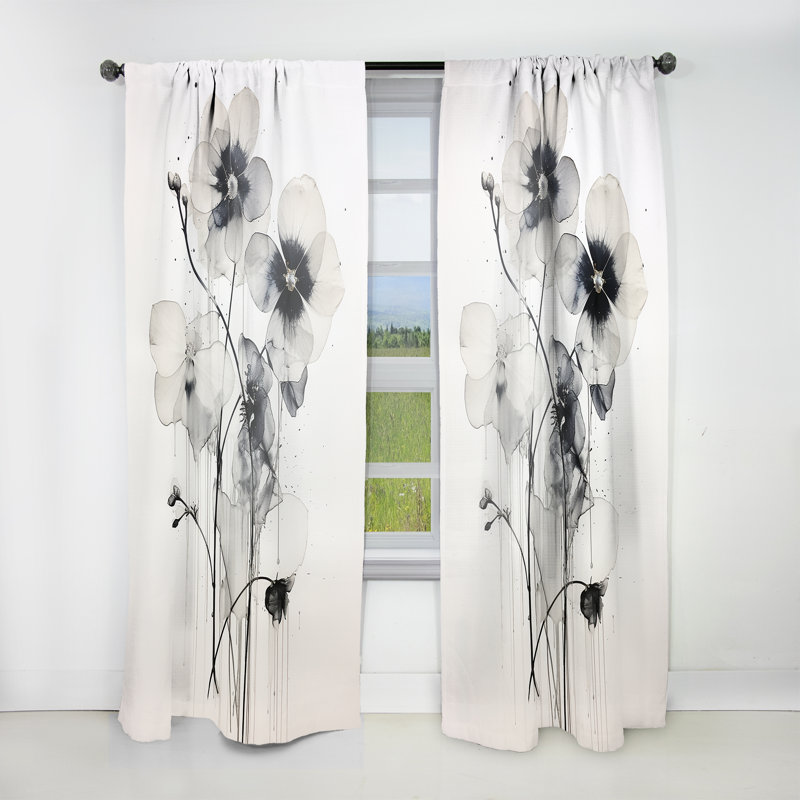 Linhurst Black and White Adorned Violets - Traditional Velvet Curtain - Room Darkening - 1 Panel, 52" W x 108" L