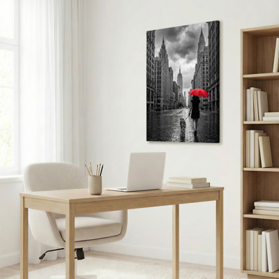 Red Umbrella Woman Walking Dog In City Rain Canvas Wrapped Wall Art Oil Painting Print Set Of 1