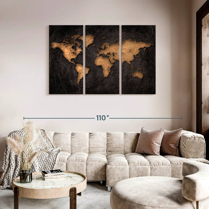 «World Map Aged World Map XXXIV», ensemble de 3 pièces sur toile par Finnian P, H 48 po x l 74 po x P 1,25 po