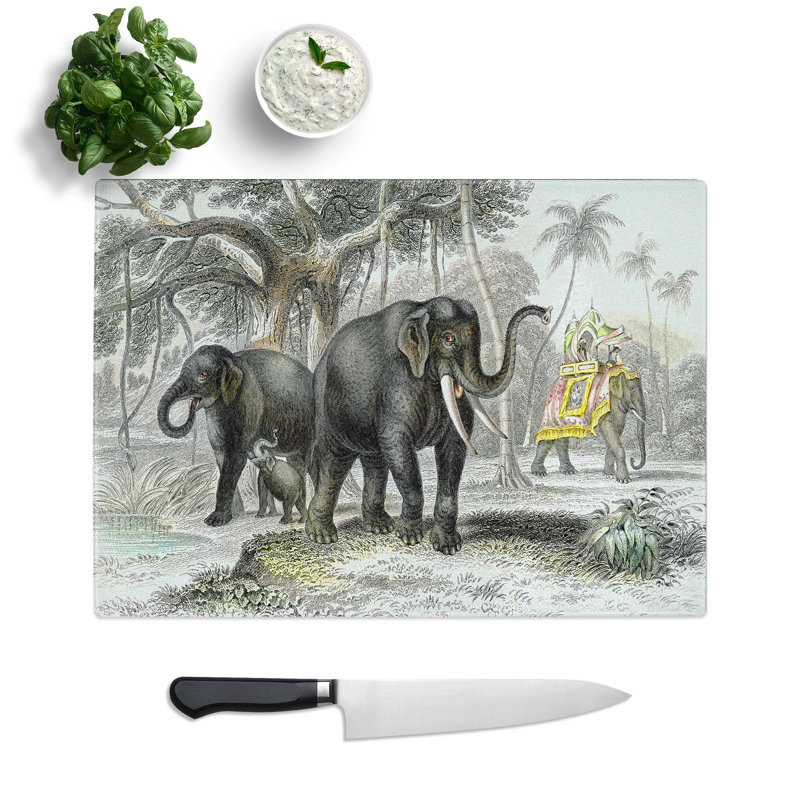 Tempered Glass Asian Elephants Chopping Board, 39 cm W x 28.5 cm L