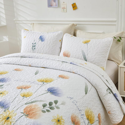 3 Pieces Floral Quilt Set Lightweight Farmhouse Style Coverlet Sets For All Season