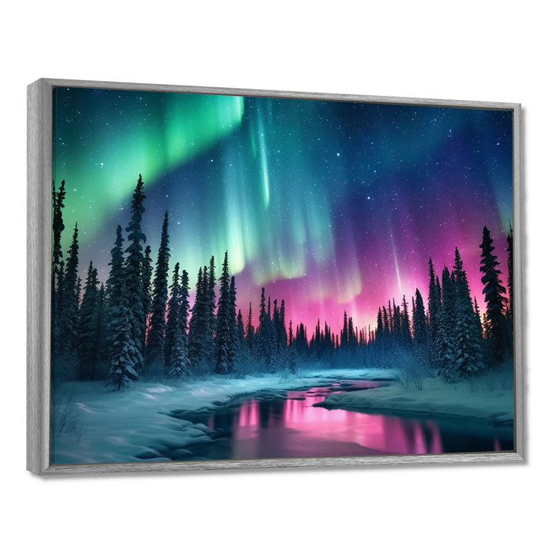 Northern Lights In Alaska II - Alaska, art mural, H 34 po x l 44 po x P 1,5 po, Encadrement argenté