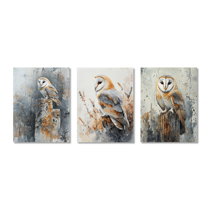 Barn Owl at Twilight I - Ensemble de 3 reproductions en métal hibou doré, H 32 po x l 72 po
