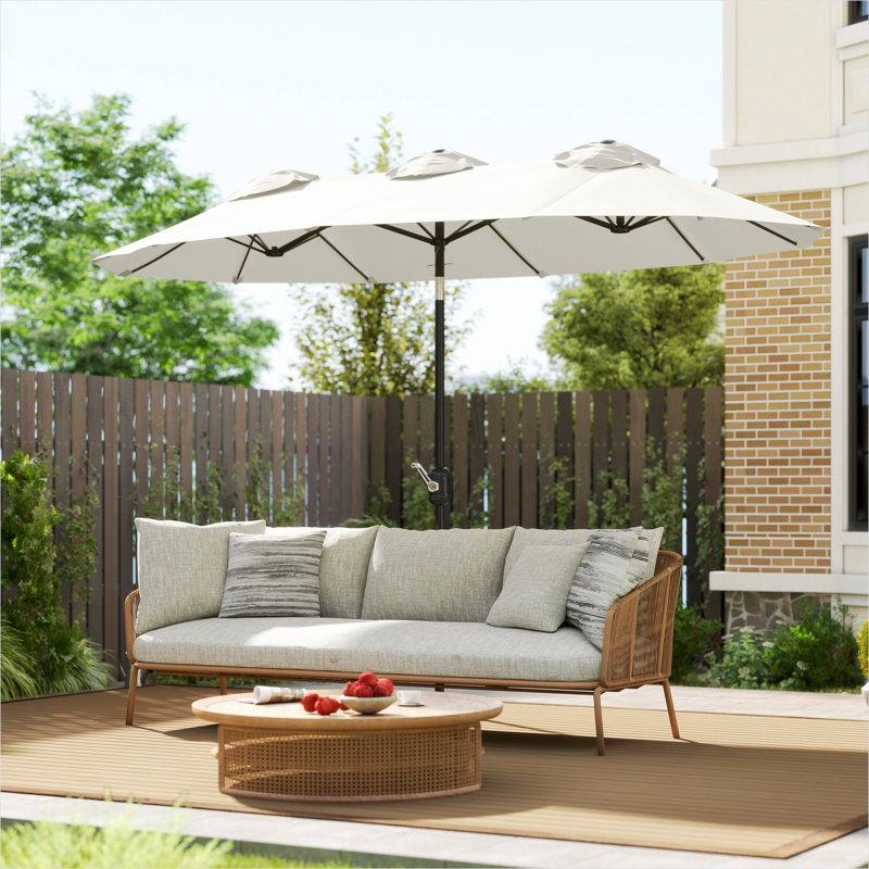 Parasol avec parasols et accessoires de 9,7 pi, combinant polyester crème et acier avec inclinaison et espace extérieur