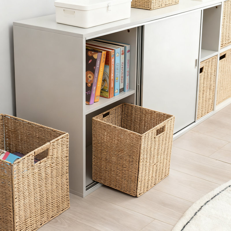 Handwoven Paper Rope Storage Baskets With Handles, Set Of 4 Foldable Cube Organizers For Home Organization In Living Room, Bedroom, And Office