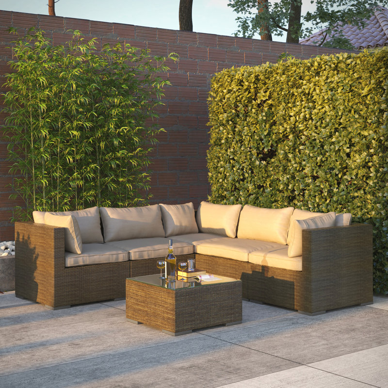 Patio Sense Sino Wicker Sofa Set Includes five Wicker Seats & A Glass Top Table- Gray Wicker Finish