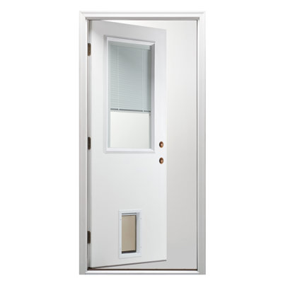Primed Fiberglass Prehung Front Door with Internal Blinds and Pet Door