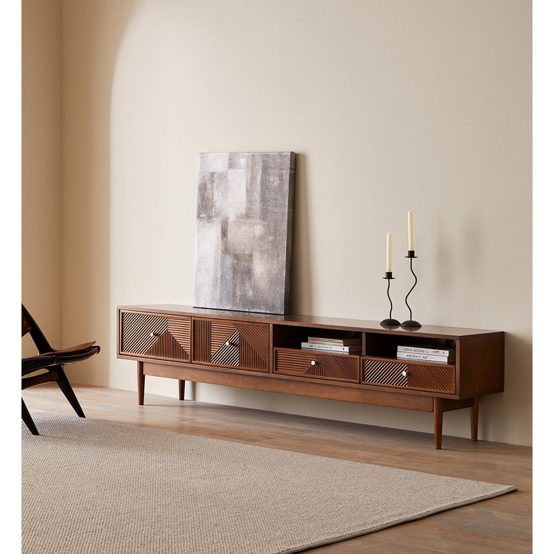 Console de télévision en bois massif de style Mid-Century avec tiroirs géométriques