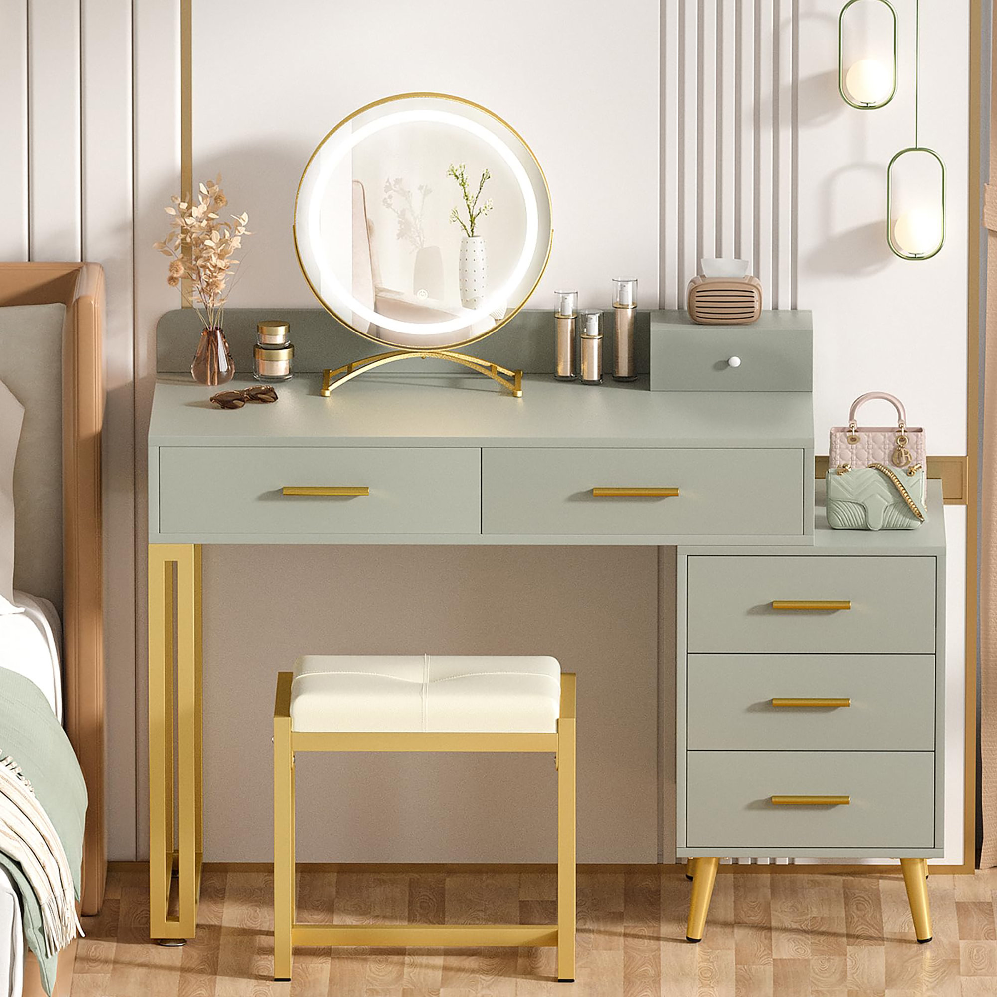 Latitude Run® Vanity Desk with Mirror and Lights, Modern Makeup Vanity Table Set with 6 Storage Drawers and Cushioned Stool for Bedroom, Dressing Table with Divided Organizers for Women Girls - Wayfair Canada