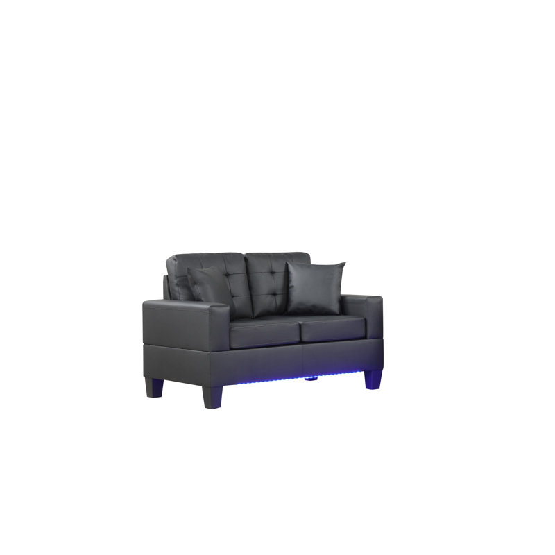 Canapé en PVC noir Genesis de 85 po avec lumières DEL, chargeur USB, console de rangement, porte-gobelets, coussins capitonnés Genesis