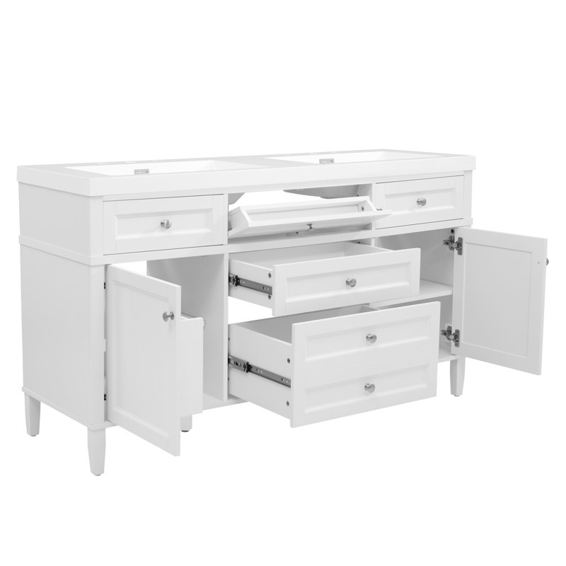Meuble-lavabo moderne de 59,1 po avec lavabo en résine, armoire avec 3 tiroirs et 2 portes, tablette réglable, support de rangement monté sur porte, mécanisme de fermeture en douceur, autoportant